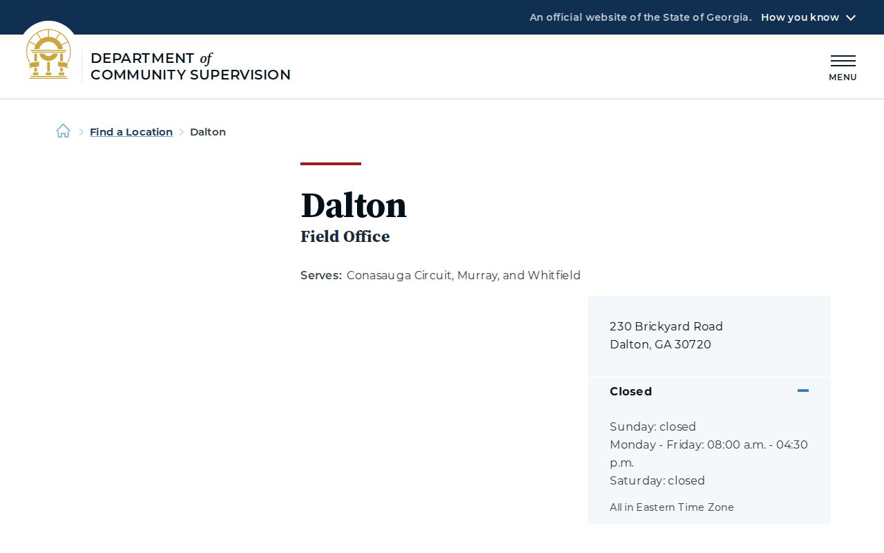 Georgia DCS Dalton Field Office page serving Whitfield County