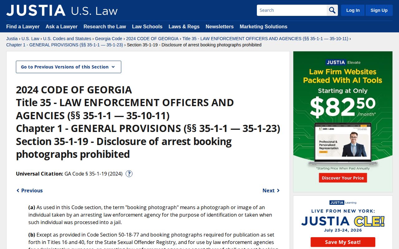 Georgia Code section restricting arrest booking photograph publication